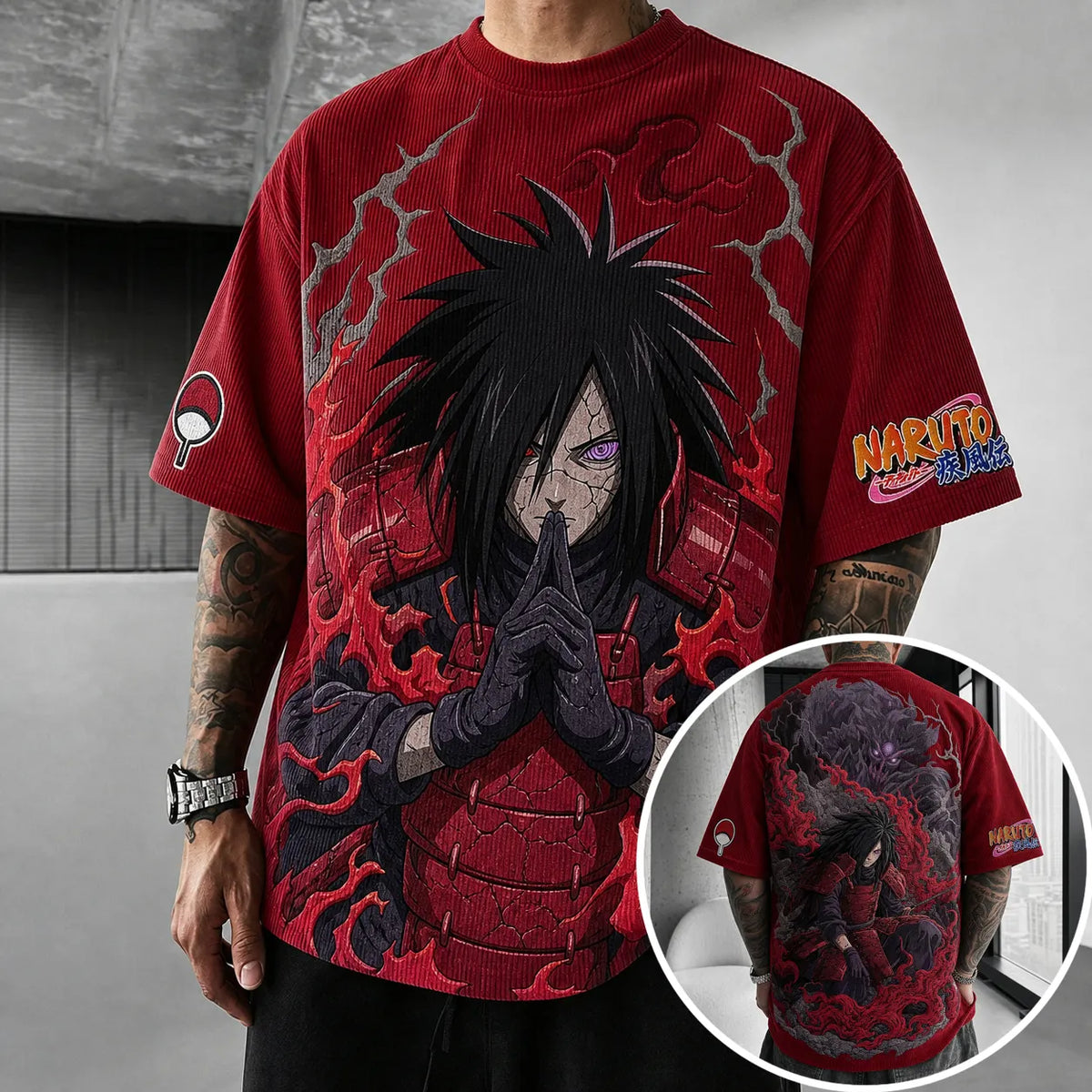 NINDO Unisex Oversized Anime-Print Vertical-Stripe Short-Sleeve T-Shirt