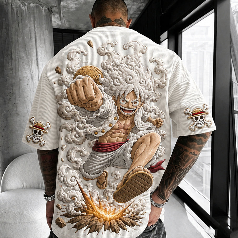 One Piece Unisex Anime-Style Retro Corduroy Oversized T-Shirt