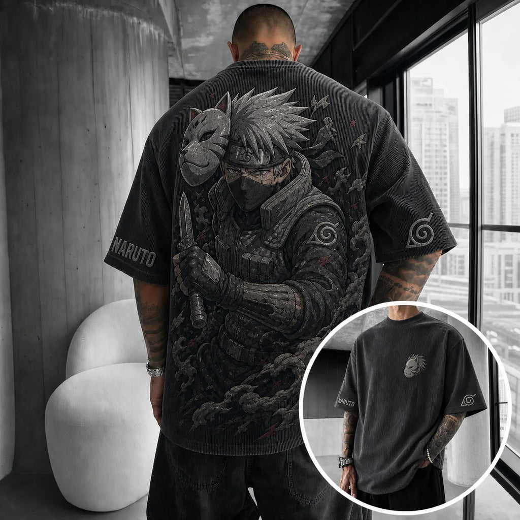 NINDO Unisex Anime-Style Retro Corduroy Oversized T-Shirt