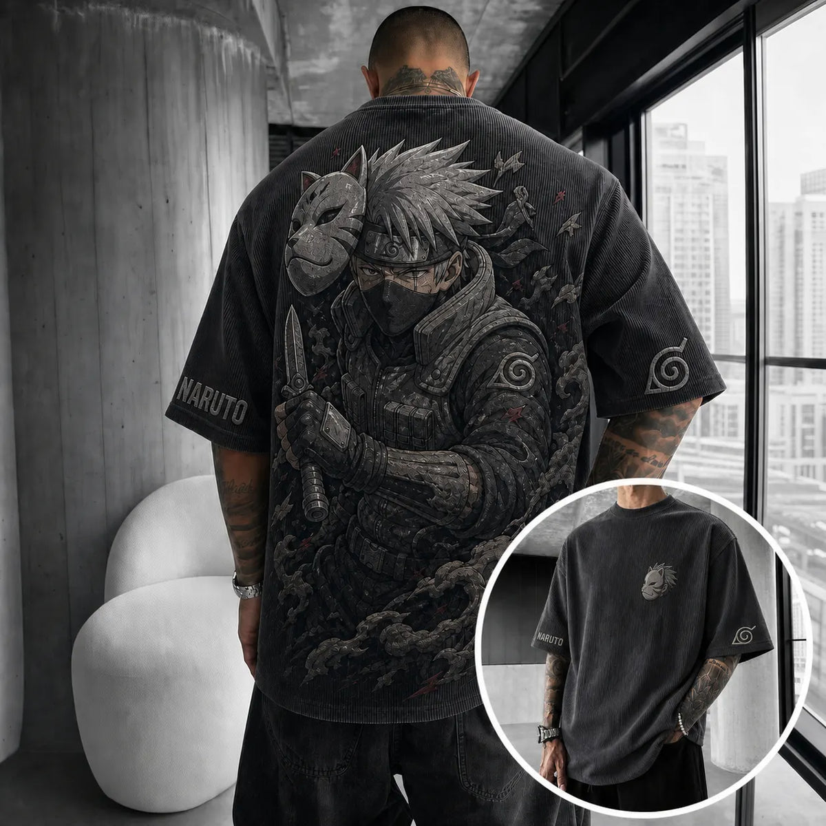 NINDO Unisex Anime-Style Retro Corduroy Oversized T-Shirt