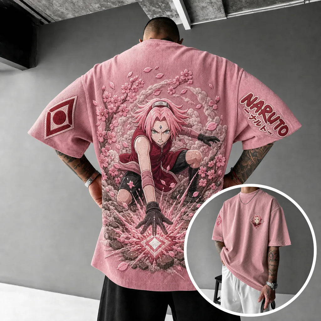 NINDO Unisex Anime-Style Retro Corduroy Oversized T-Shirt