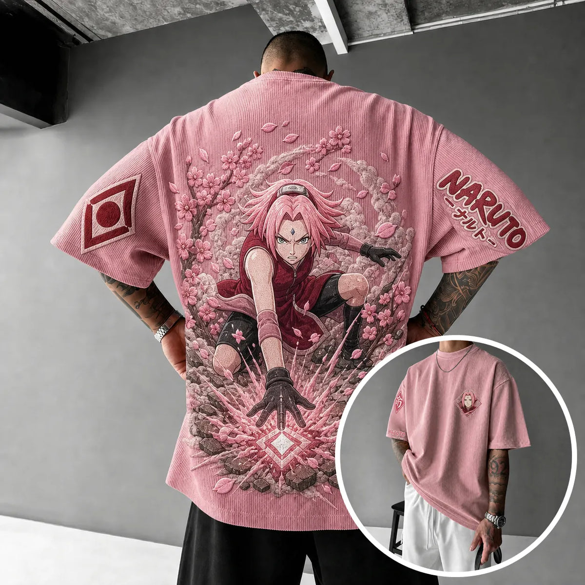 NINDO Unisex Anime-Style Retro Corduroy Oversized T-Shirt