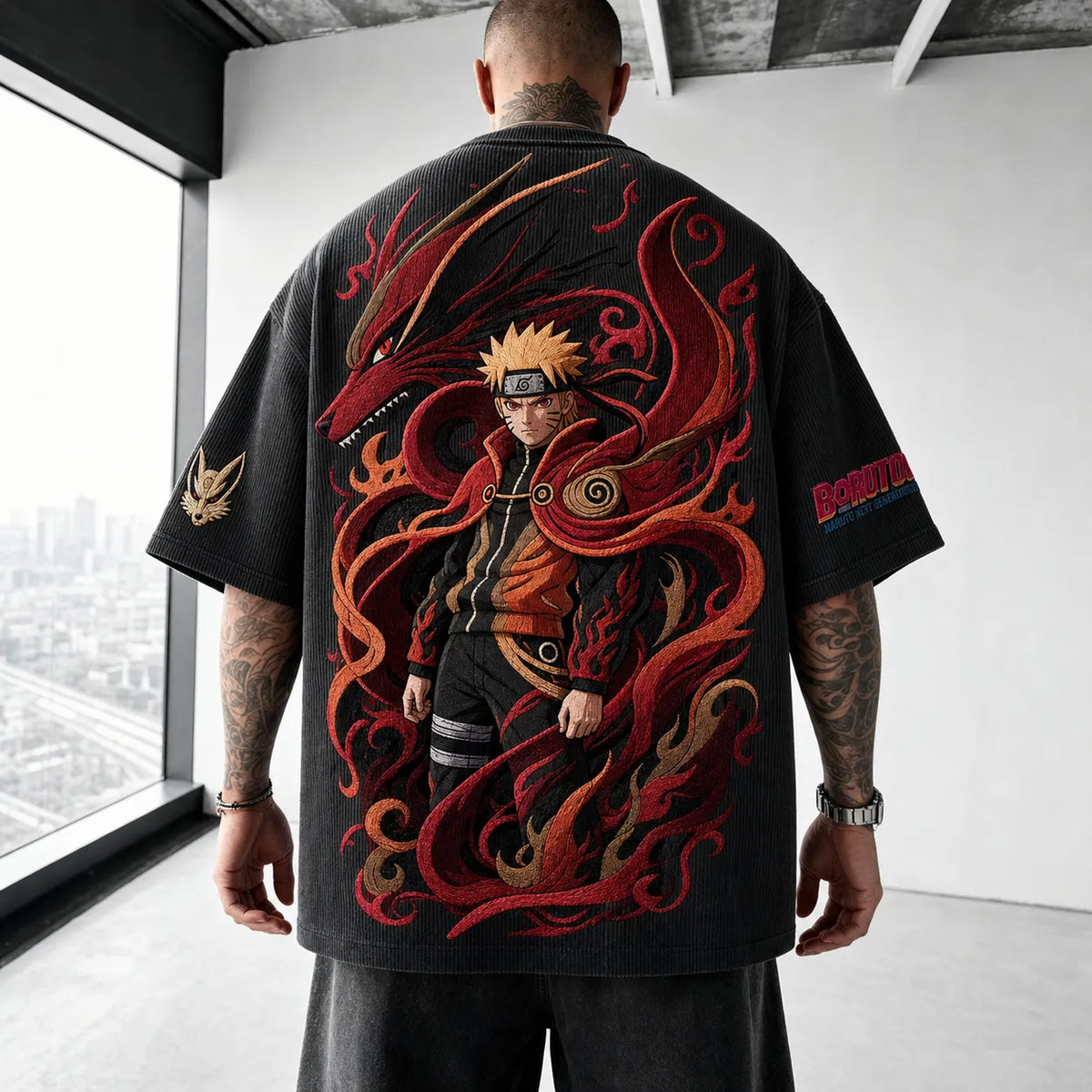 NINDO Unisex Oversized Anime-Print Vertical-Stripe Short-Sleeve T-Shirt