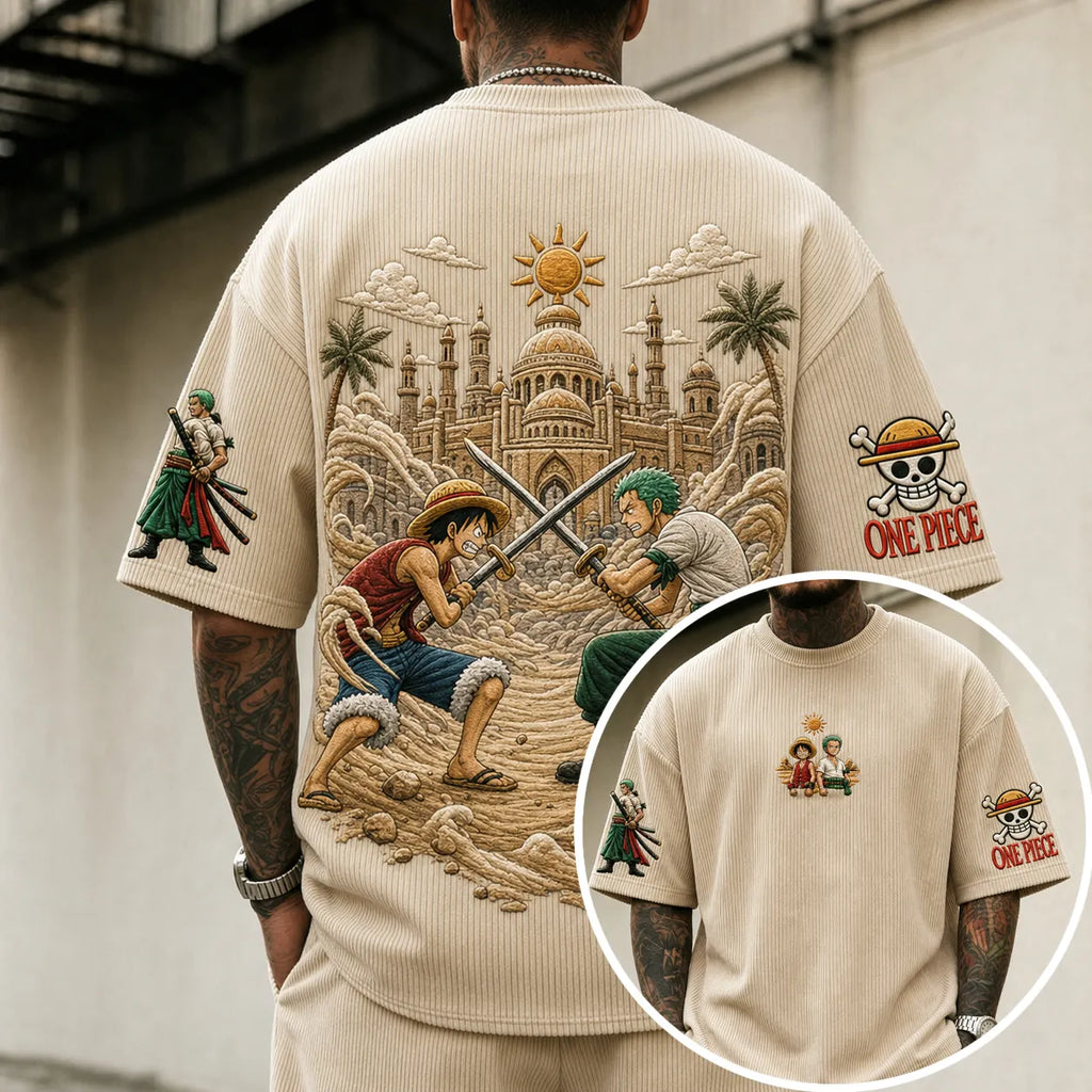 One Piece Unisex Anime-Style Retro Corduroy Oversized T-Shirt