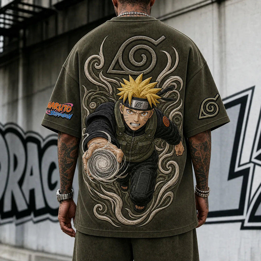 NINDO Unisex Anime-Style Retro Corduroy Oversized T-Shirt