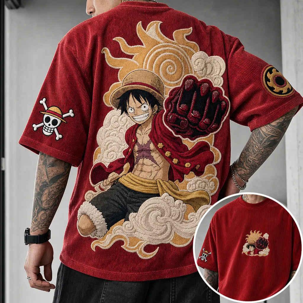 One Piece Unisex Anime-Style Retro Corduroy Oversized T-Shirt