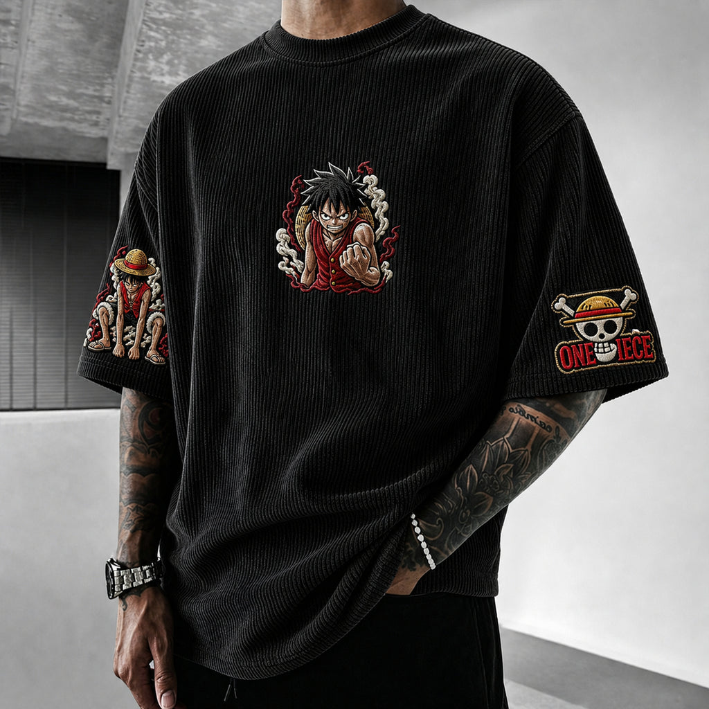 One Piece Unisex Anime-Style Retro Corduroy Oversized T-Shirt
