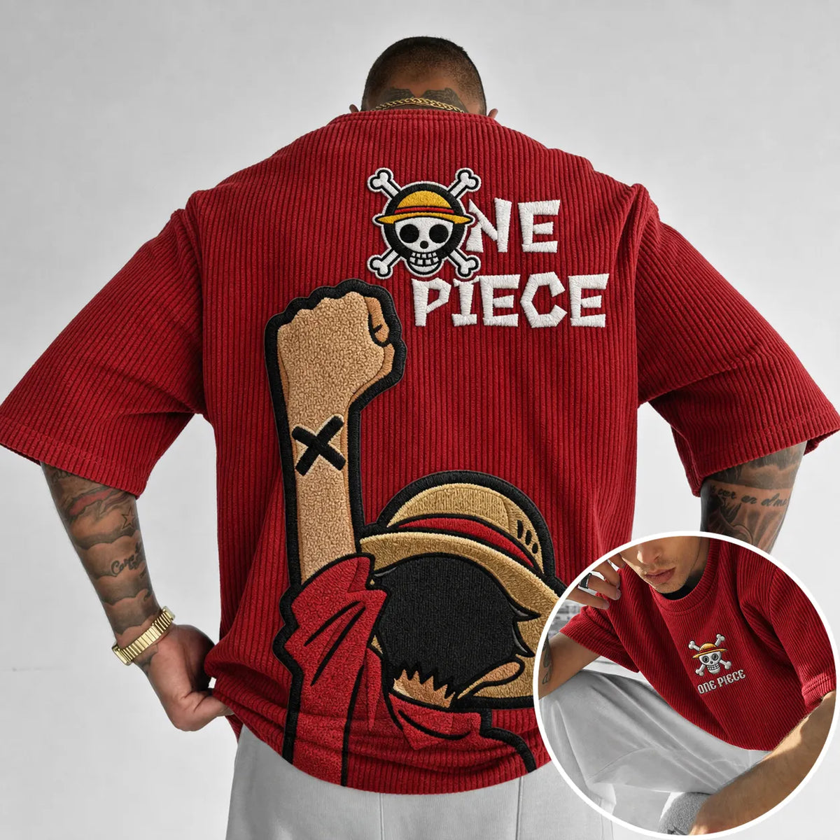 One Piece Unisex Anime-Style Retro Corduroy Oversized T-Shirt