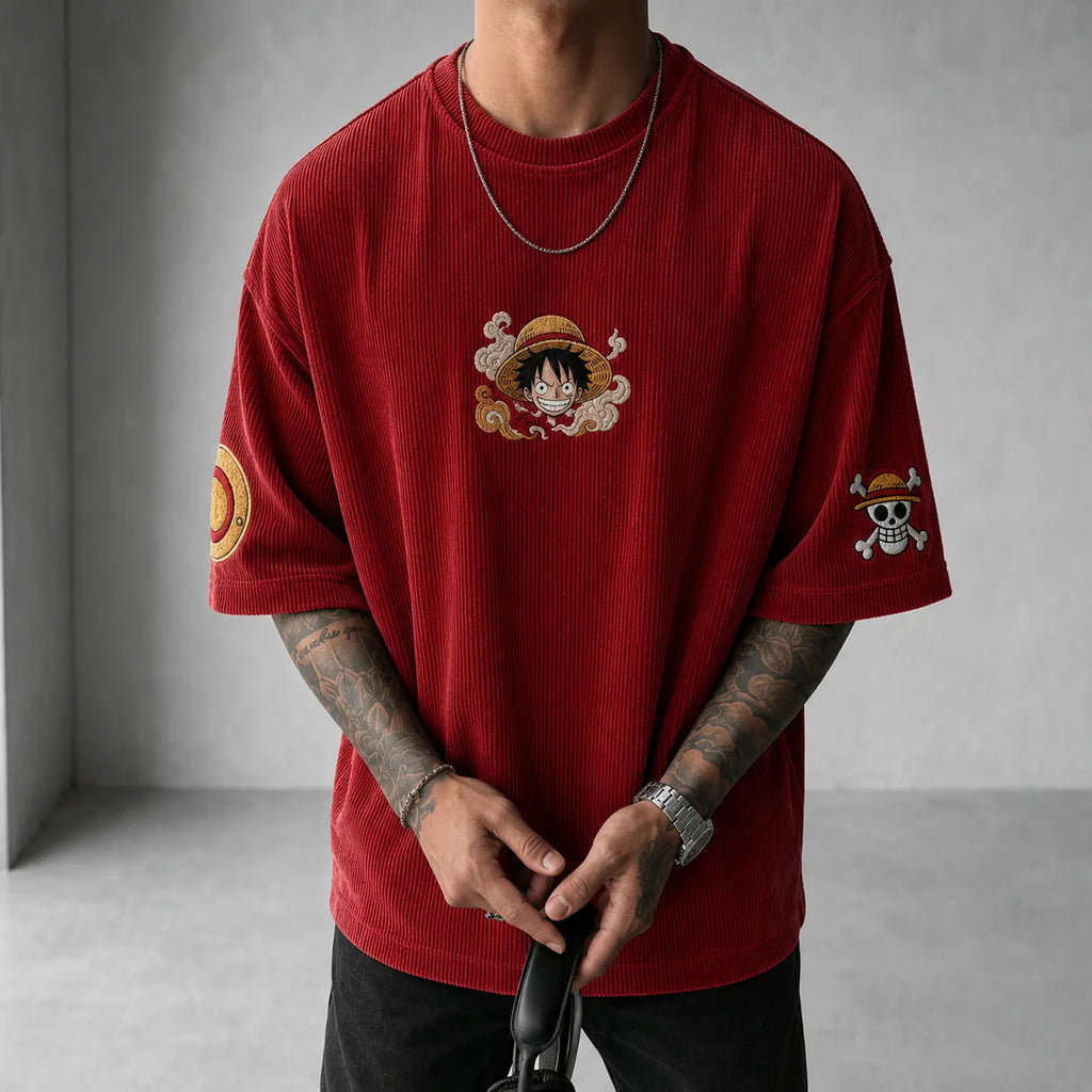 One Piece Unisex Anime-Style Retro Corduroy Oversized T-Shirt
