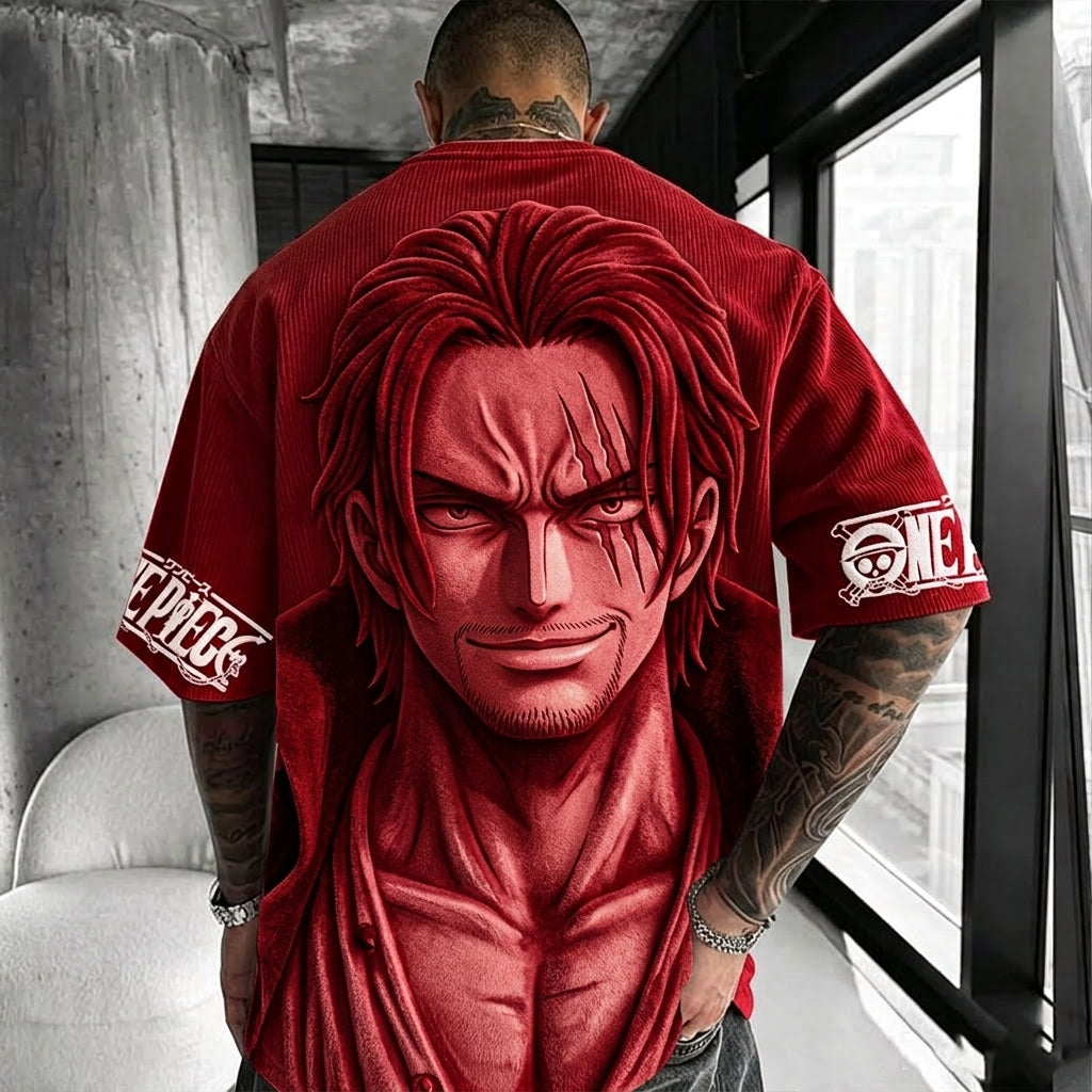 One Piece Unisex Anime-Style Retro Corduroy Oversized T-Shirt