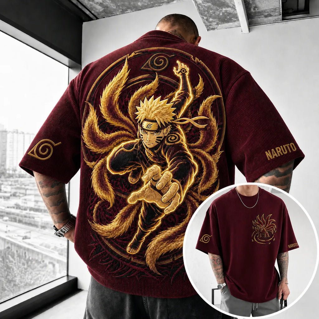 NINDO Unisex Anime-Style Retro Corduroy Oversized T-Shirt