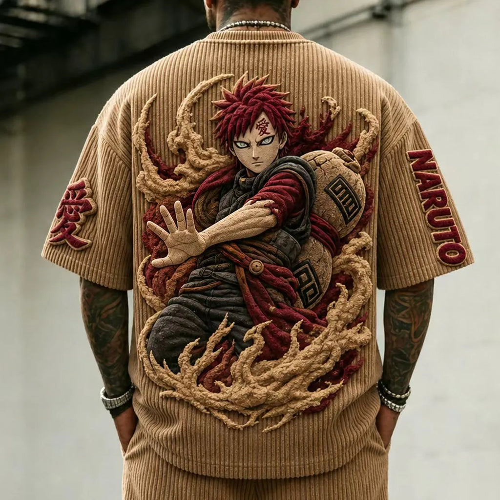 NINDO Unisex Anime-Style Retro Corduroy Oversized T-Shirt