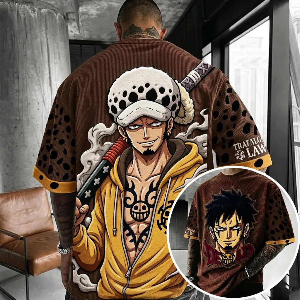 One Piece Unisex Anime-Style Retro Corduroy Oversized T-Shirt
