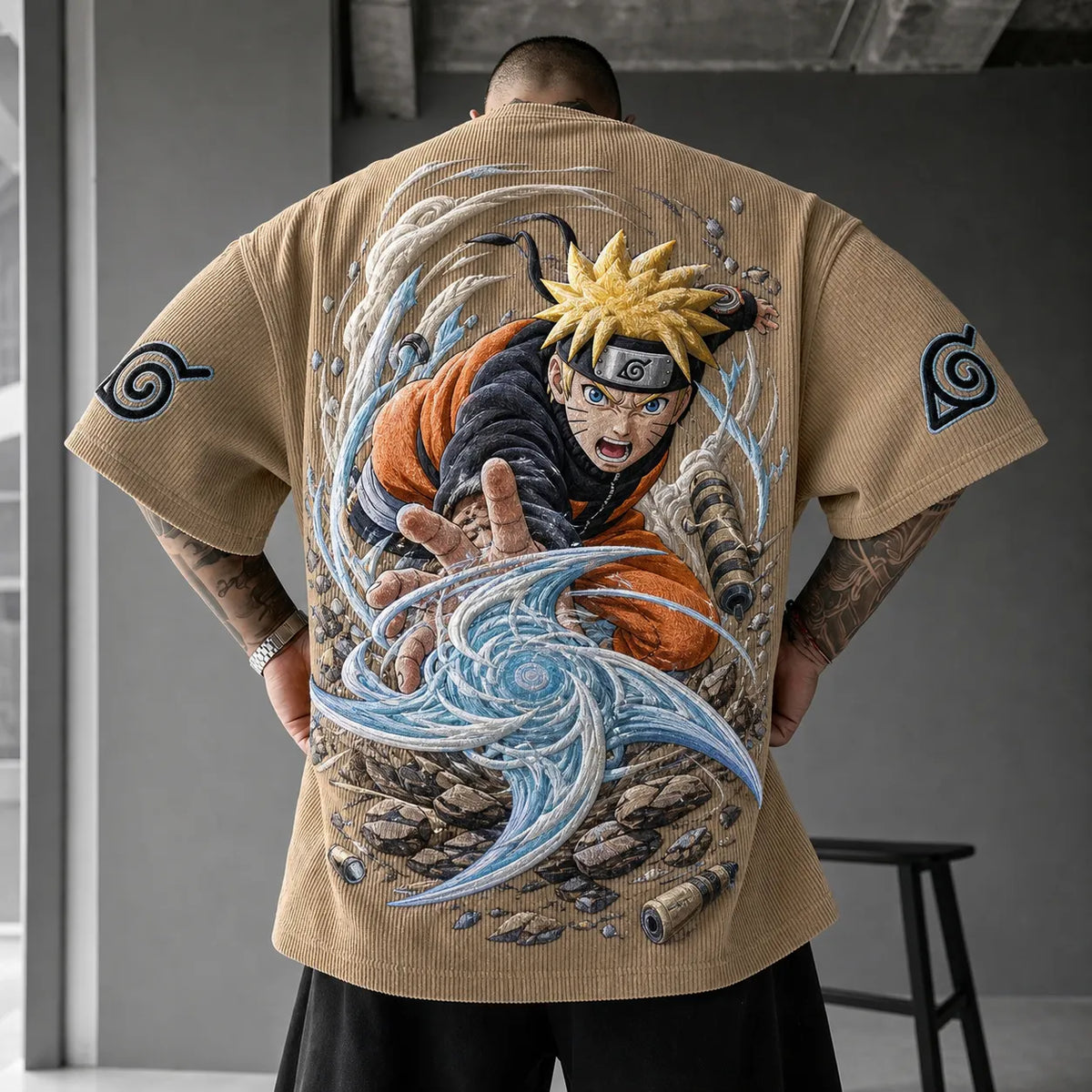 NINDO Unisex Oversized Anime-Print Vertical-Stripe Short-Sleeve T-Shirt