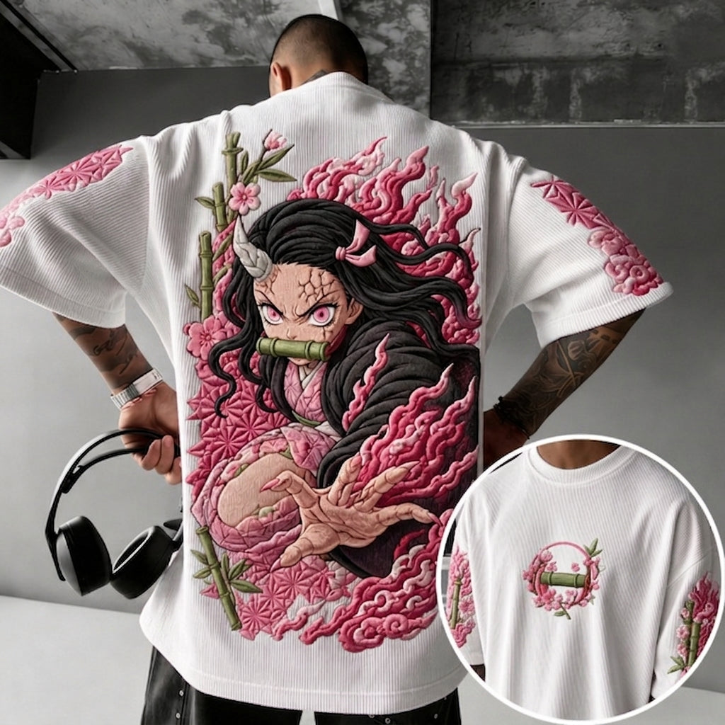 KNY Unisex Anime-Style Retro Corduroy Oversized T-Shirt