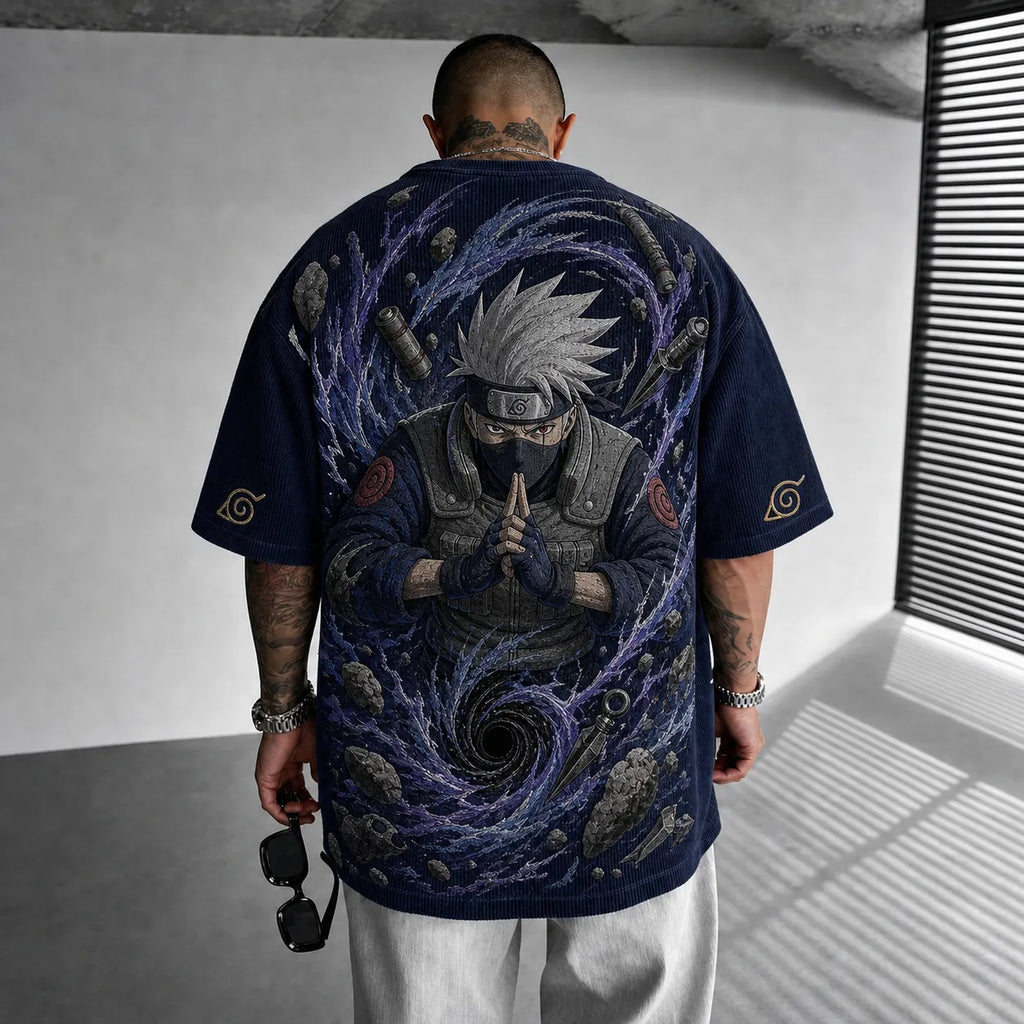 NINDO Unisex Oversized Anime-Print Vertical-Stripe Short-Sleeve T-Shirt