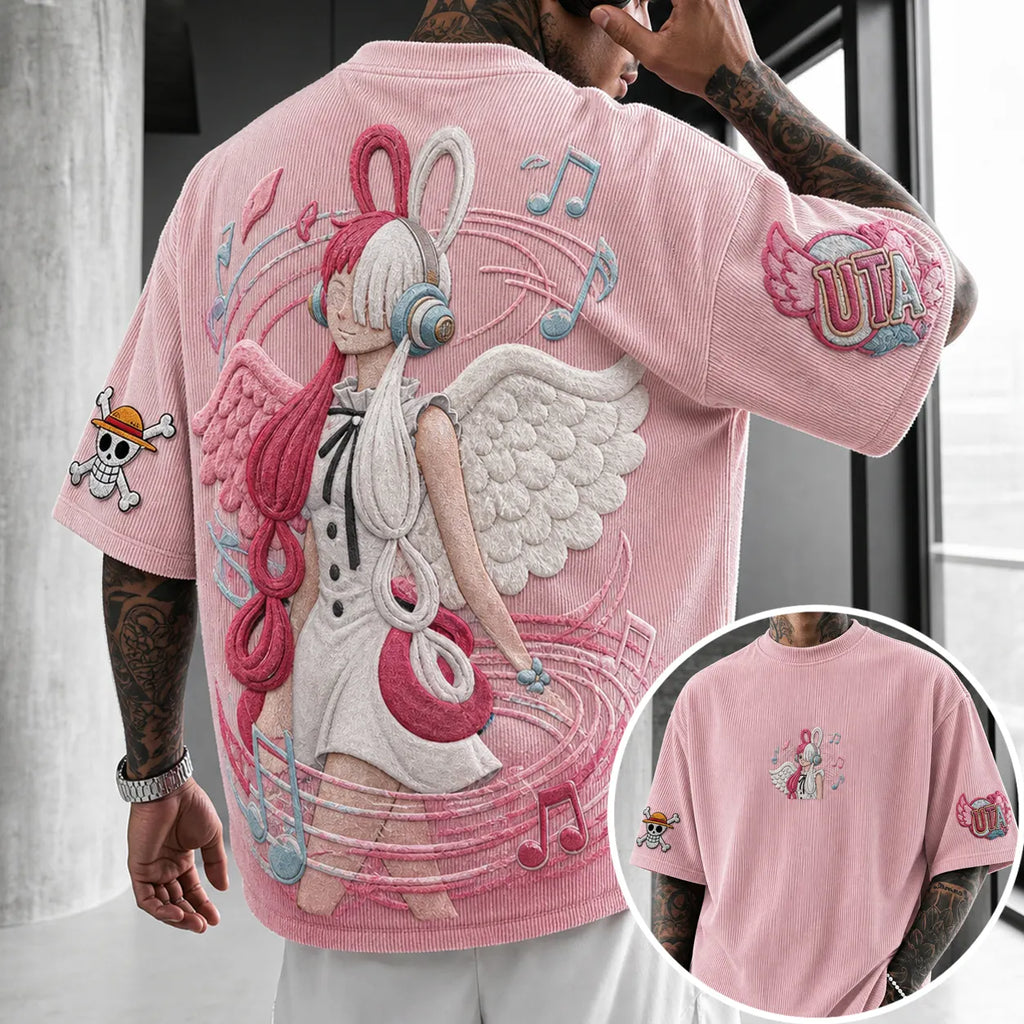 One Piece Unisex Anime-Style Retro Corduroy Oversized T-Shirt