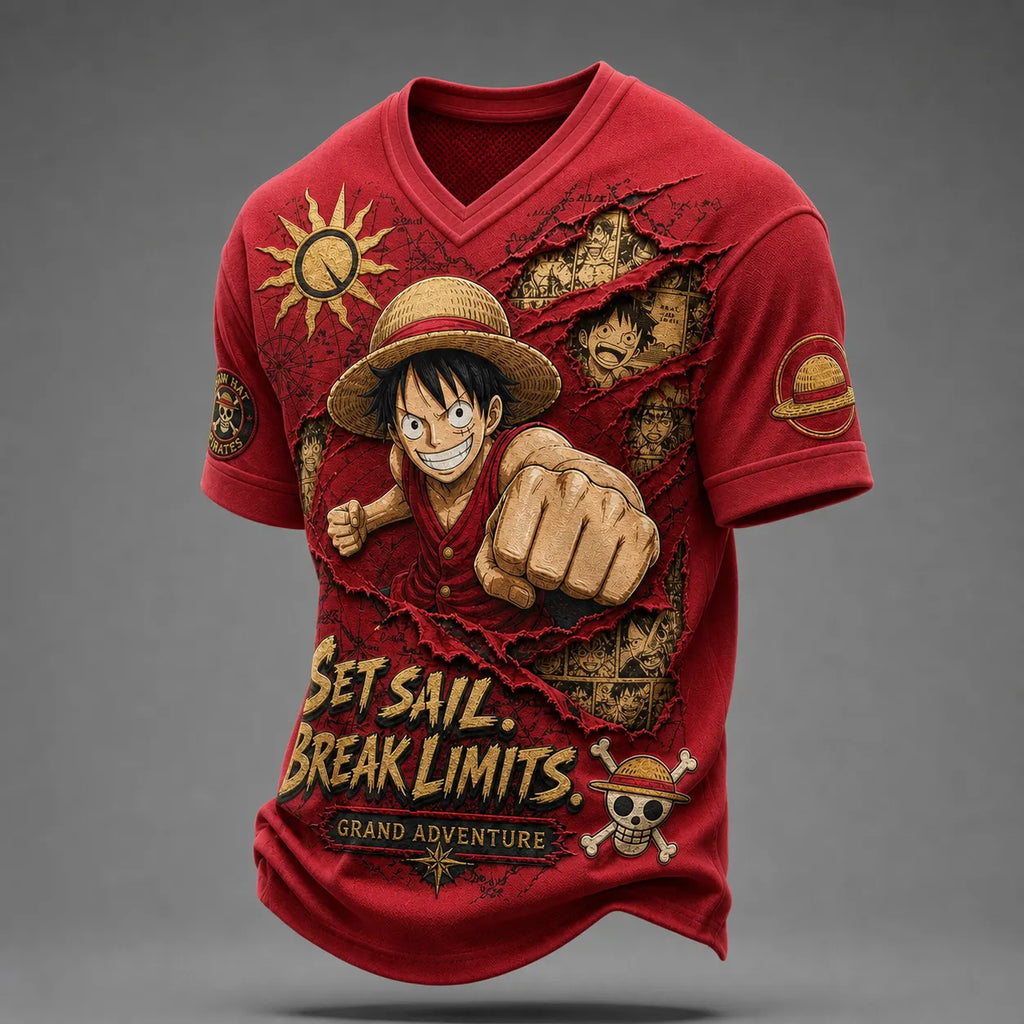 One Piece Pirate Crew Print V-Neck T-Shirt