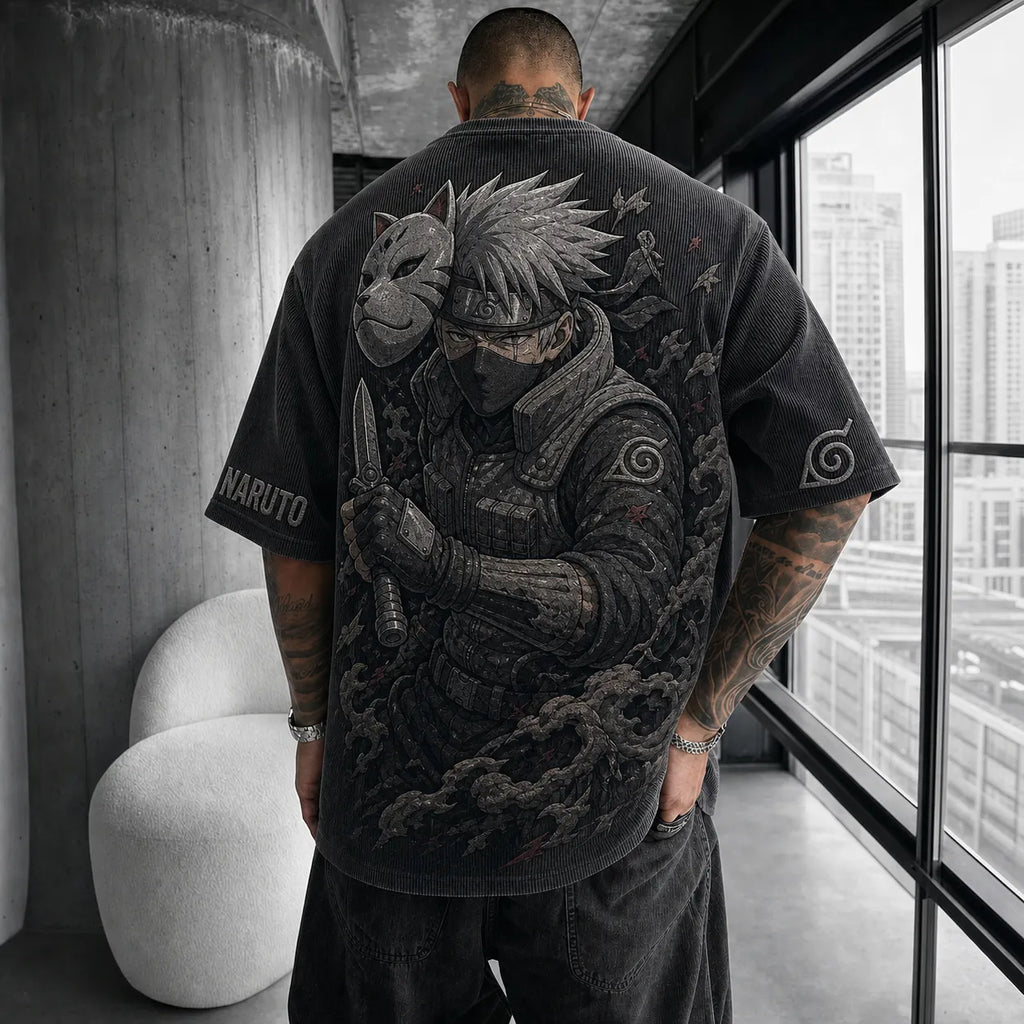 NINDO Unisex Anime-Style Retro Corduroy Oversized T-Shirt
