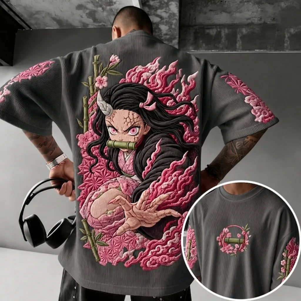 KNY Unisex Anime-Style Retro Corduroy Oversized T-Shirt