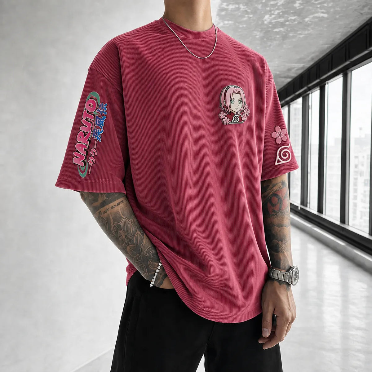 NINDO Unisex Anime-Style Retro Corduroy Oversized T-Shirt