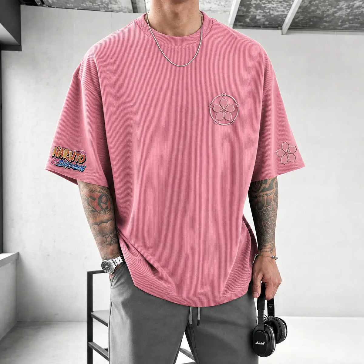 NINDO Unisex Anime-Style Retro Corduroy Oversized T-Shirt
