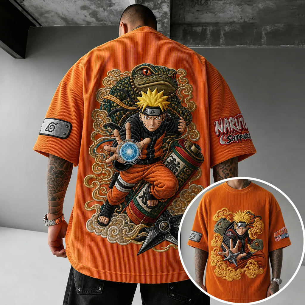 NINDO Unisex Oversized Anime-Print Vertical-Stripe Short-Sleeve T-Shirt
