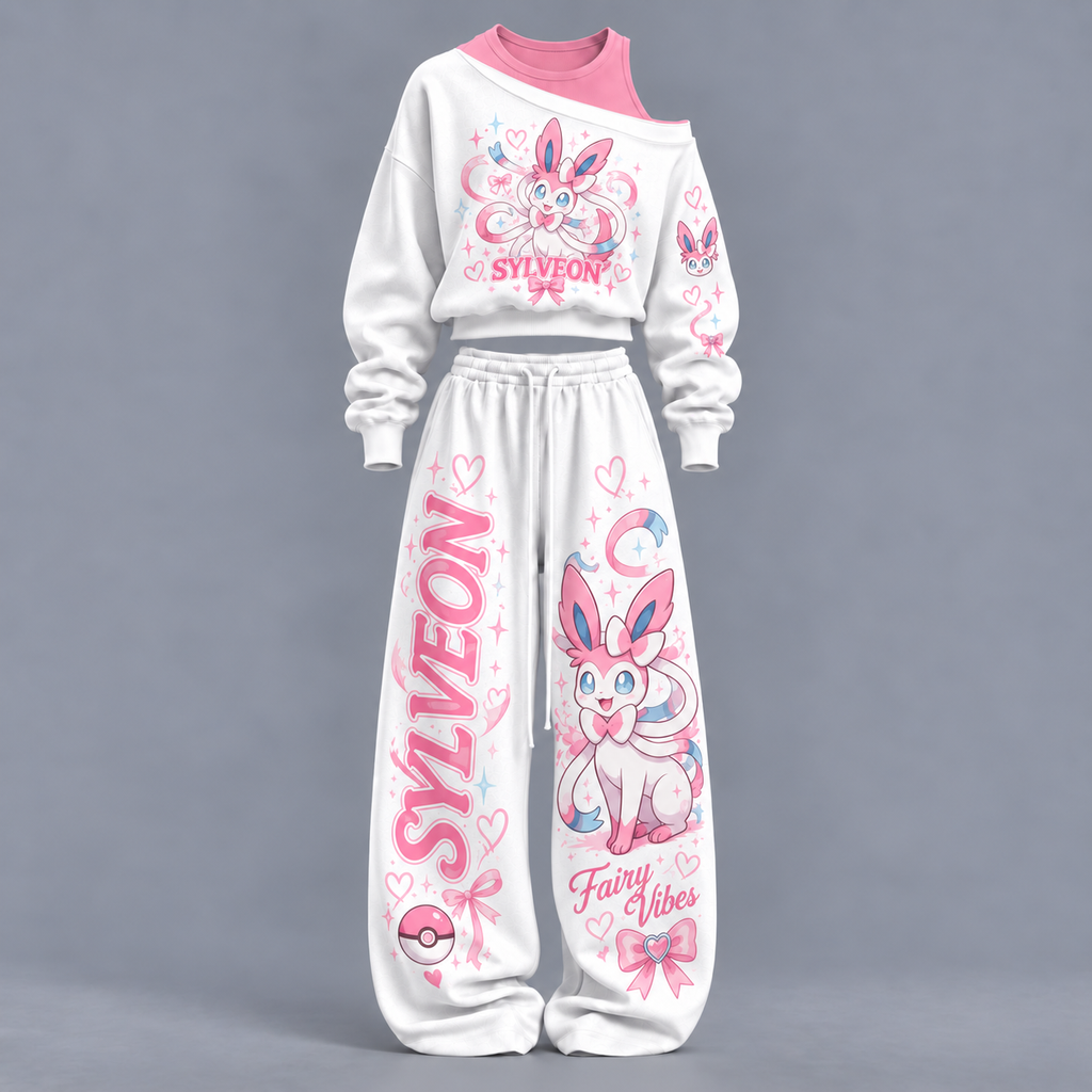 Pokémon-Women's Asymmetric Off-Shoulder Cut-Out Sweatshirt & Wide-Leg Sweatpants 2-Piece Set