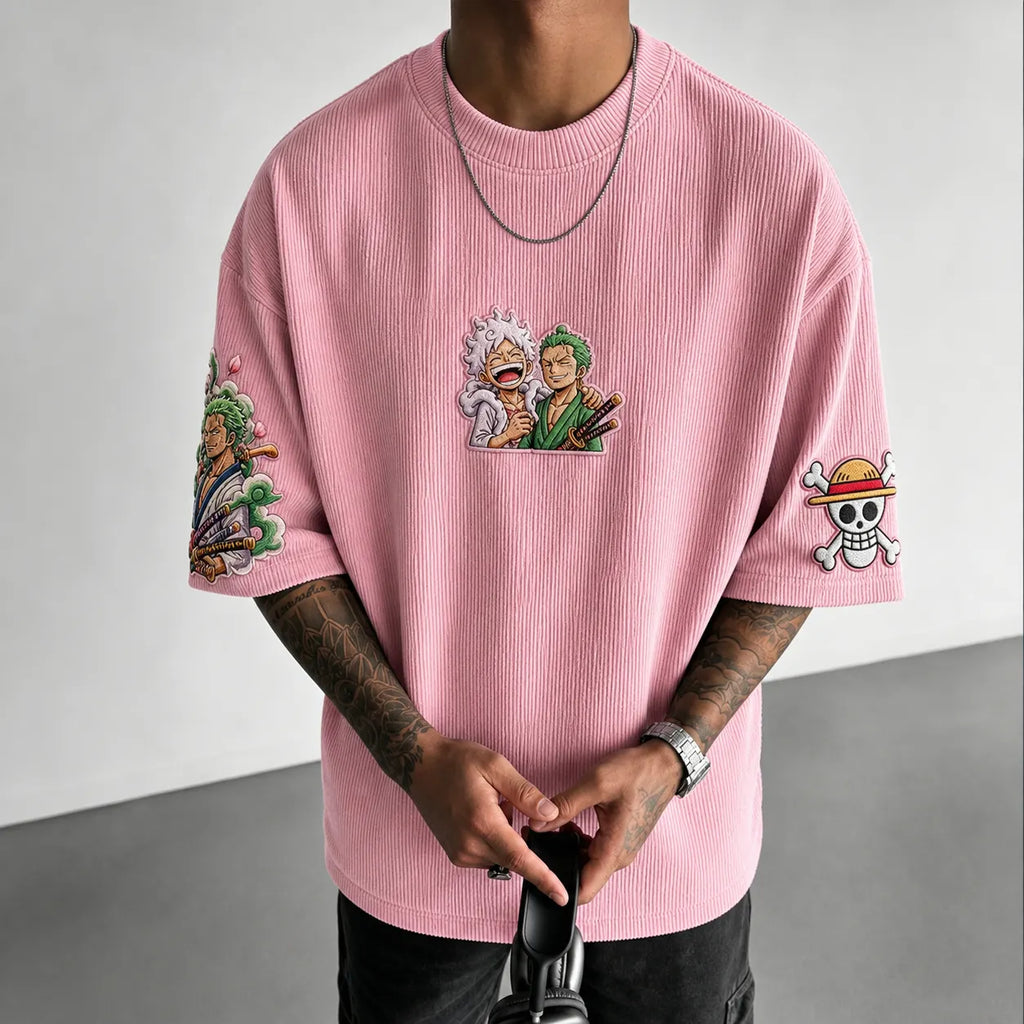 One Piece Unisex Anime-Style Retro Corduroy Oversized T-Shirt