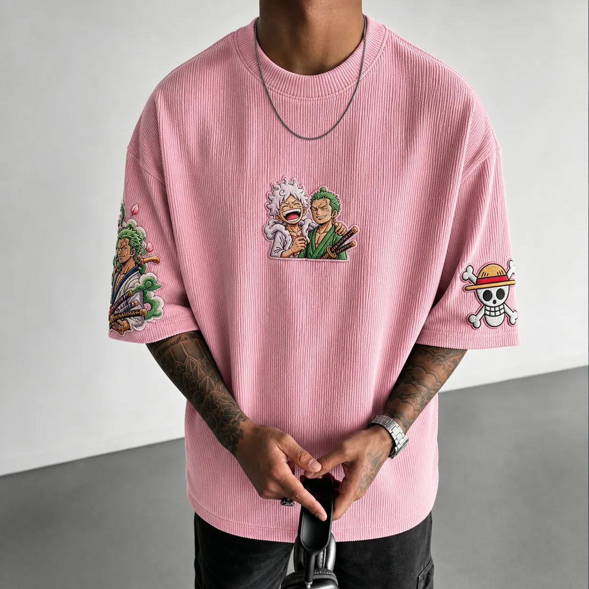 One Piece Unisex Anime-Style Retro Corduroy Oversized T-Shirt