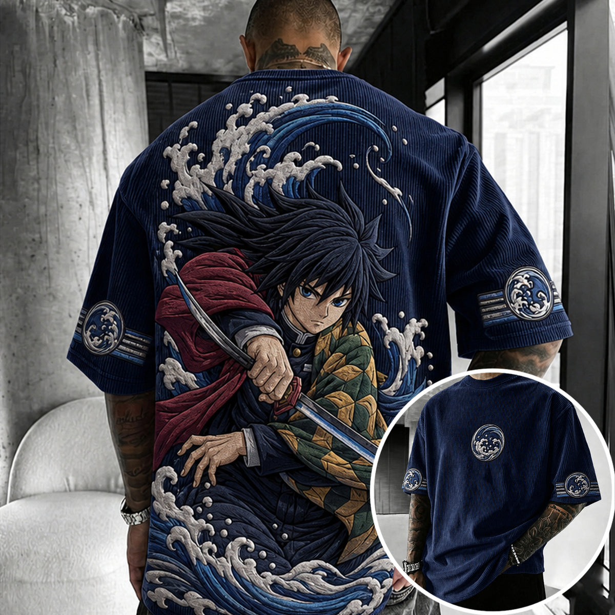 KNY Unisex Anime-Style Retro Corduroy Oversized T-Shirt
