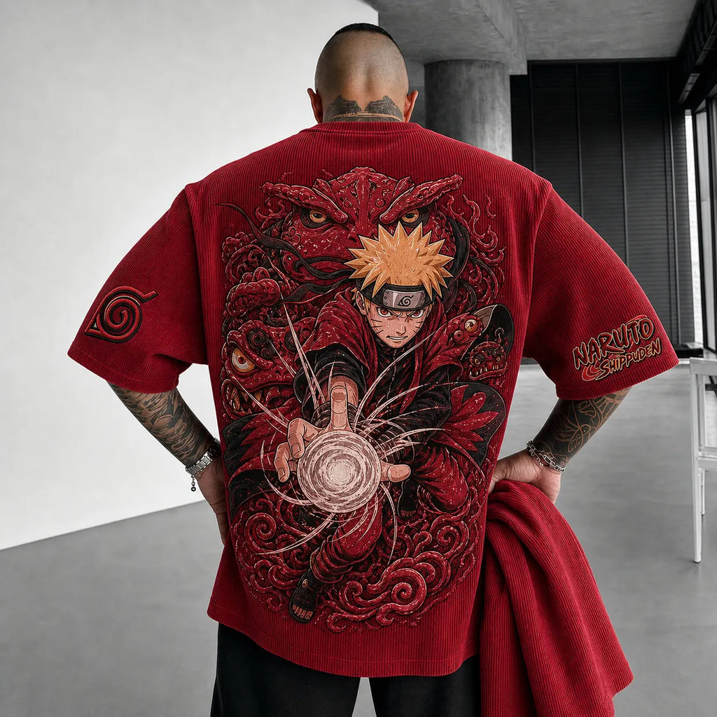 NINDO Unisex Anime-Style Retro Corduroy Oversized T-Shirt