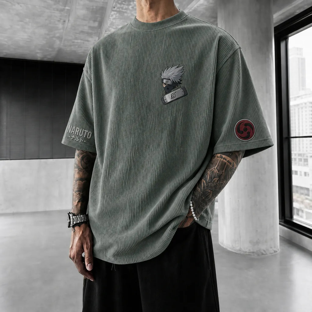 NINDO Unisex Anime-Style Retro Corduroy Oversized T-Shirt