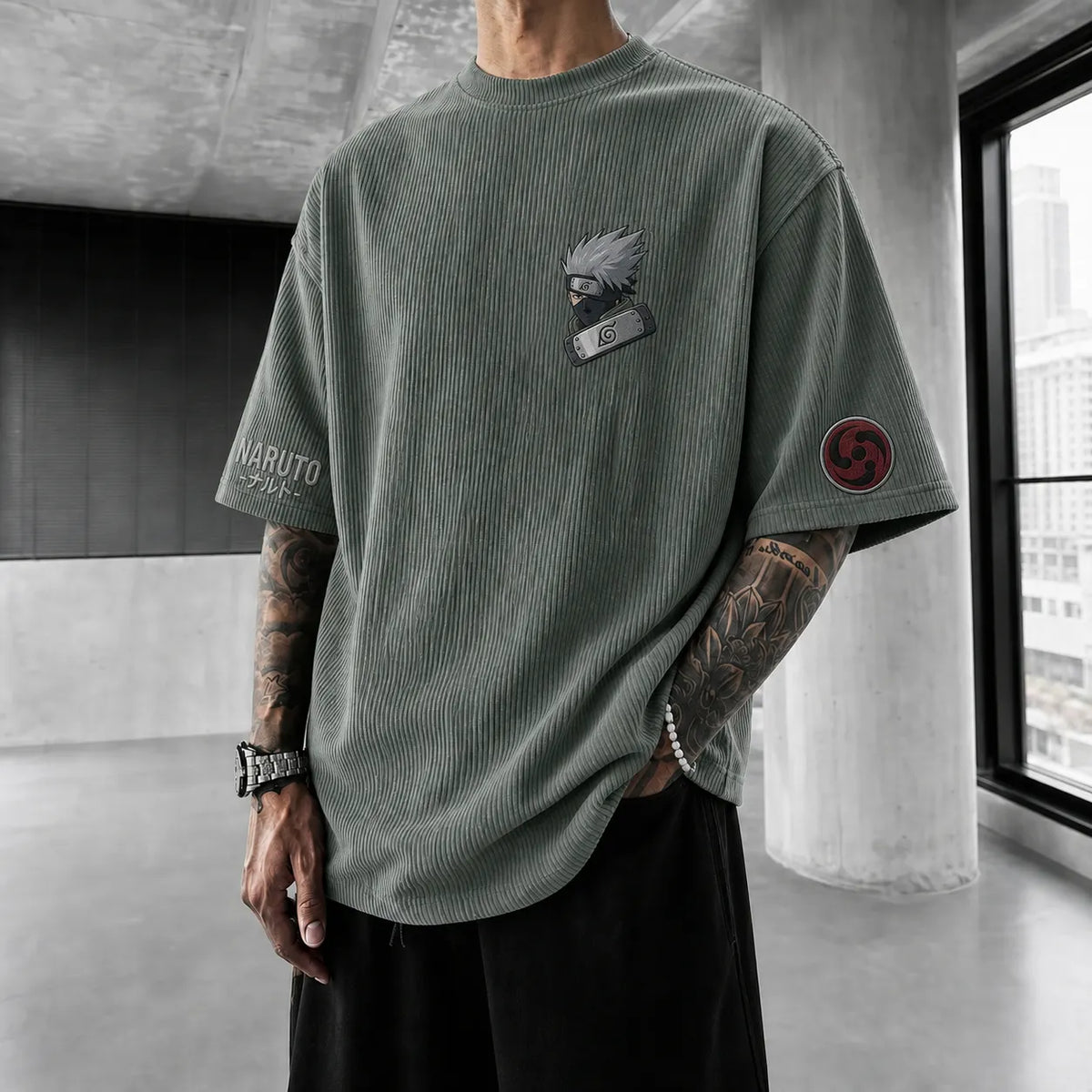 NINDO Unisex Anime-Style Retro Corduroy Oversized T-Shirt