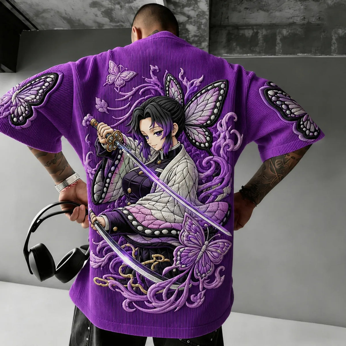 KNY Unisex Anime-Style Retro Corduroy Oversized T-Shirt