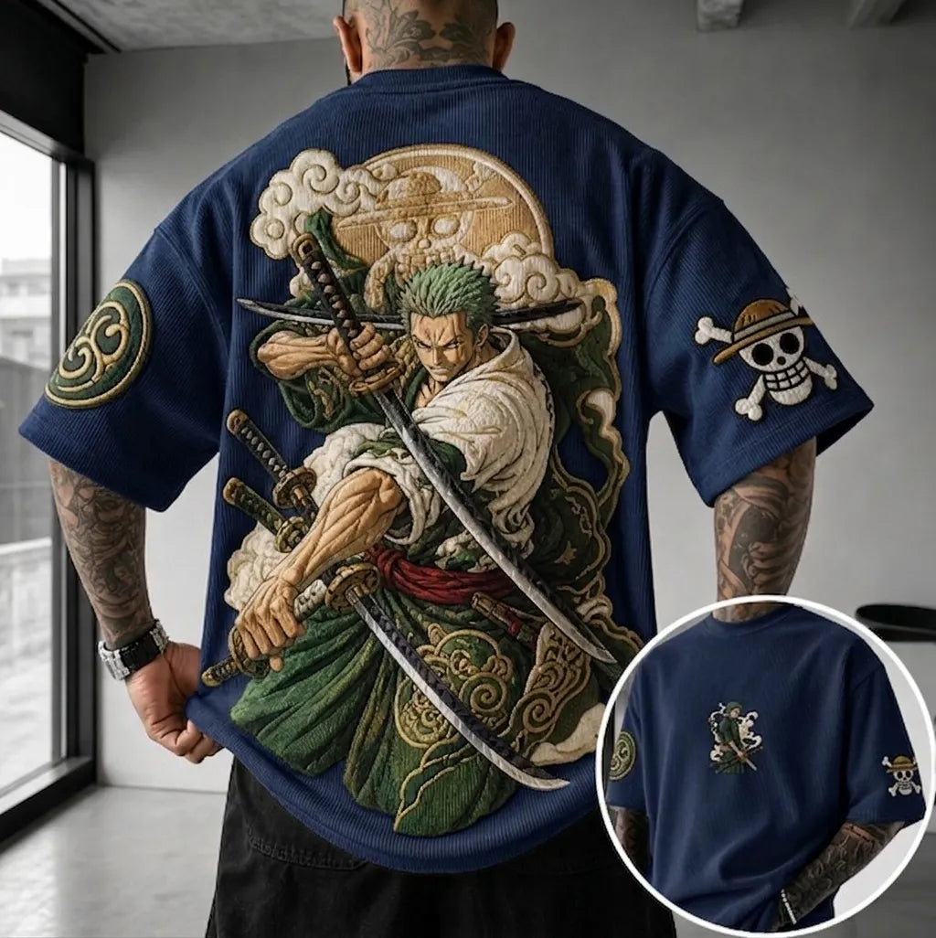 One Piece Unisex Anime-Style Retro Corduroy Oversized T-Shirt