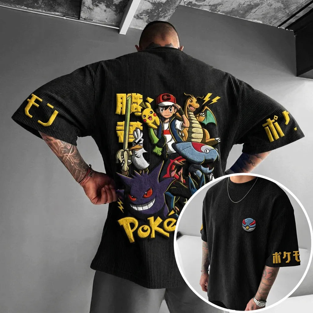 Pokémon Unisex Anime-Style Retro Corduroy Oversized T-Shirt