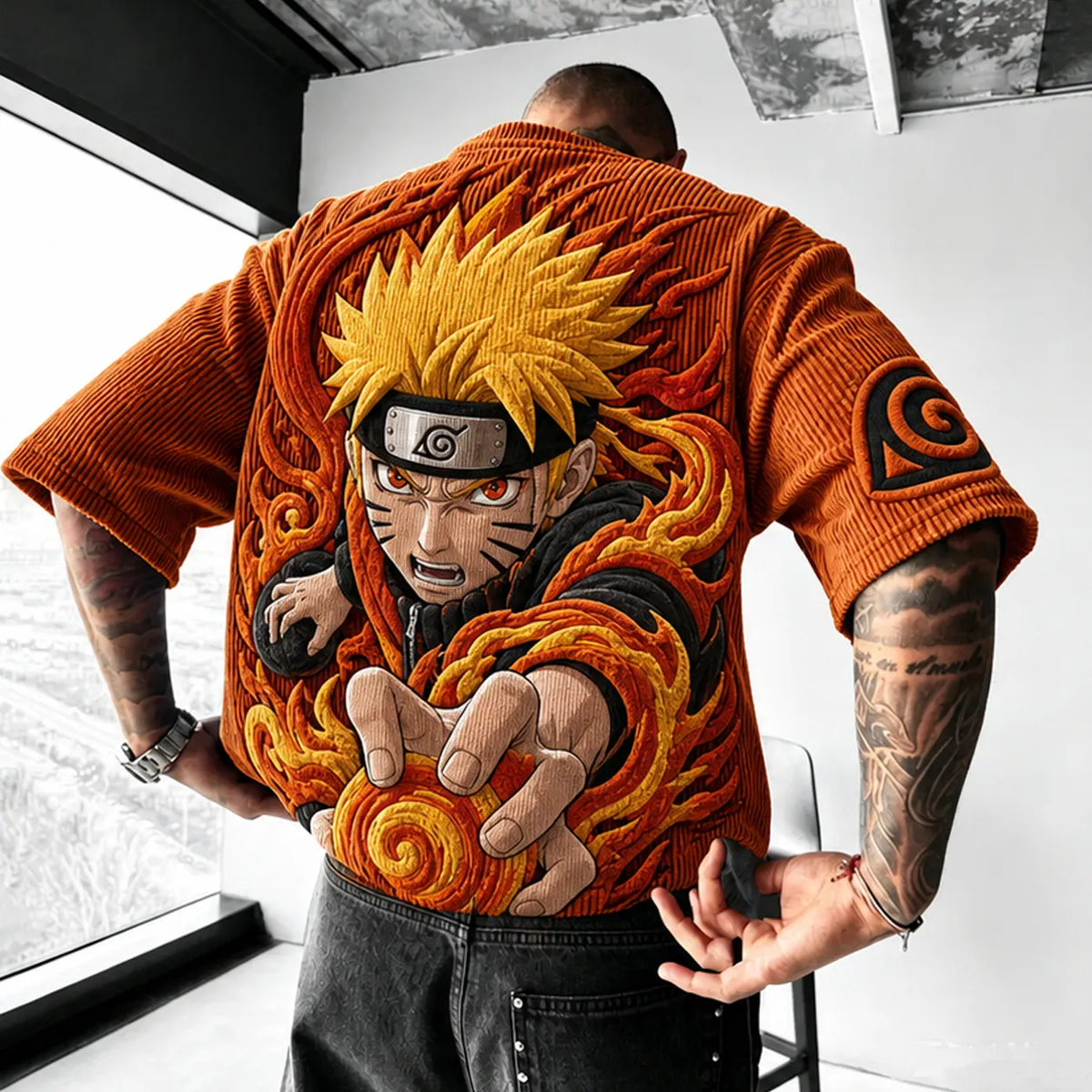 NINDO Unisex Anime-Style Retro Corduroy Oversized T-Shirt