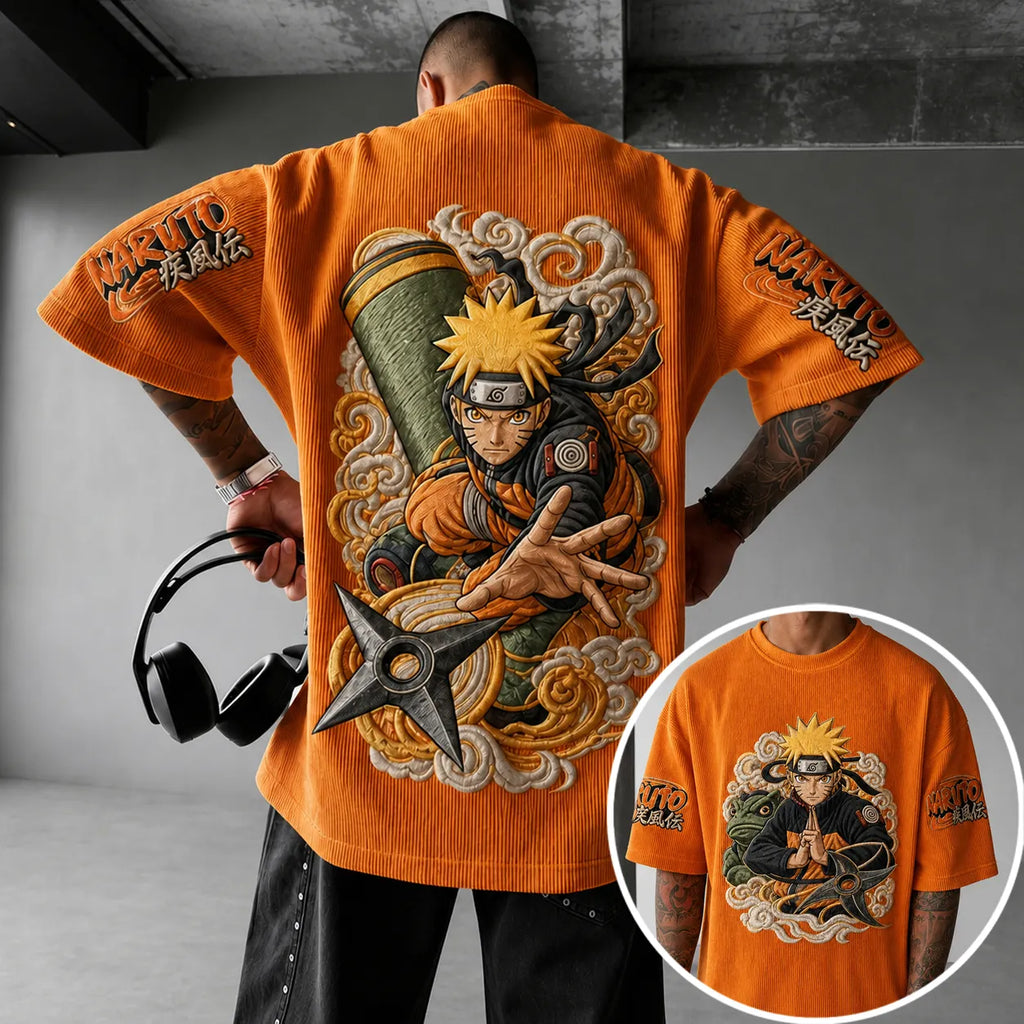 NINDO Unisex Oversized Anime-Print Vertical-Stripe Short-Sleeve T-Shirt