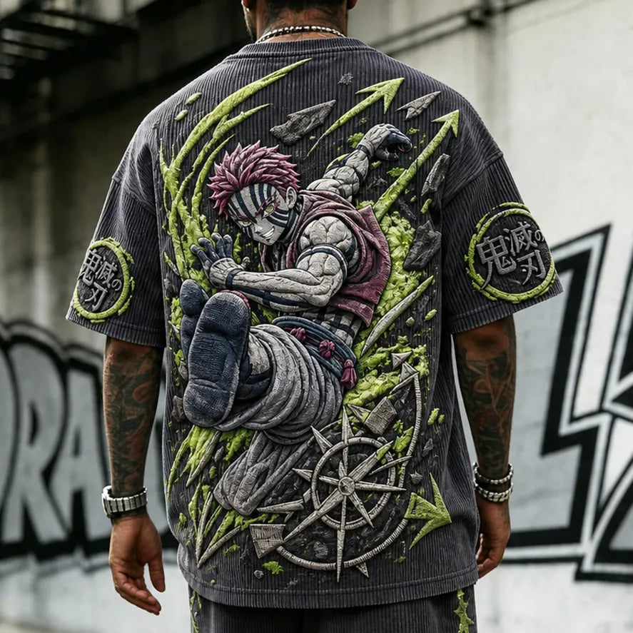 KNY Unisex Oversized Anime-Print Vertical-Stripe Short-Sleeve T-Shirt