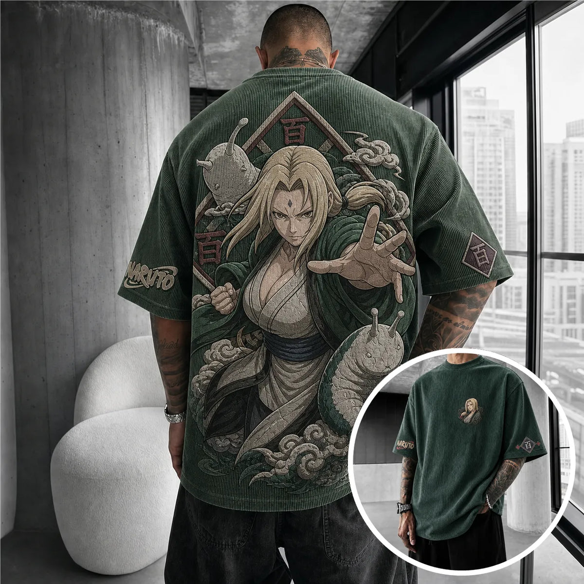 NINDO Unisex Anime-Style Retro Corduroy Oversized T-Shirt