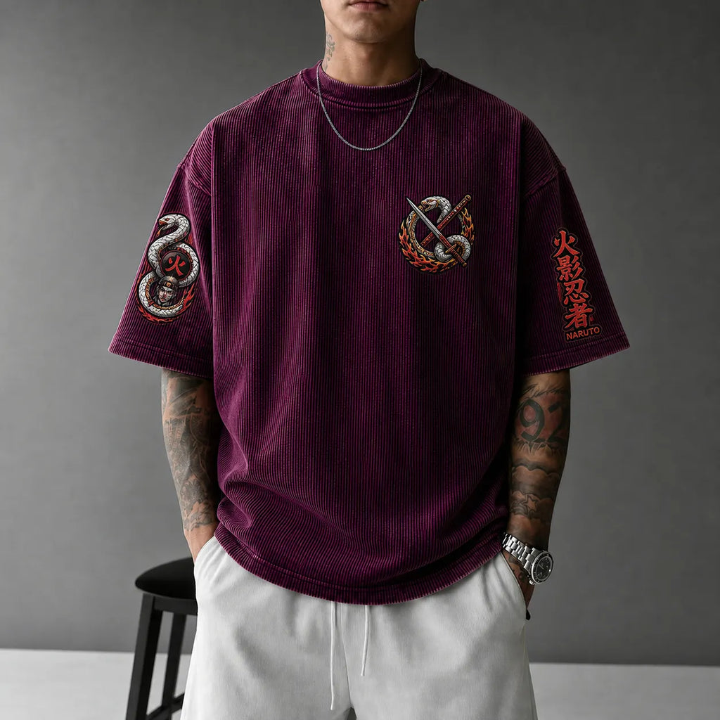 NINDO Unisex Anime-Style Retro Corduroy Oversized T-Shirt