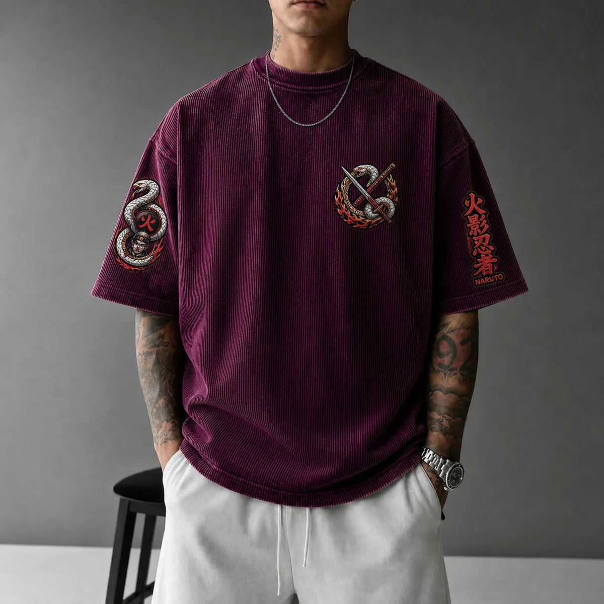 NINDO Unisex Anime-Style Retro Corduroy Oversized T-Shirt