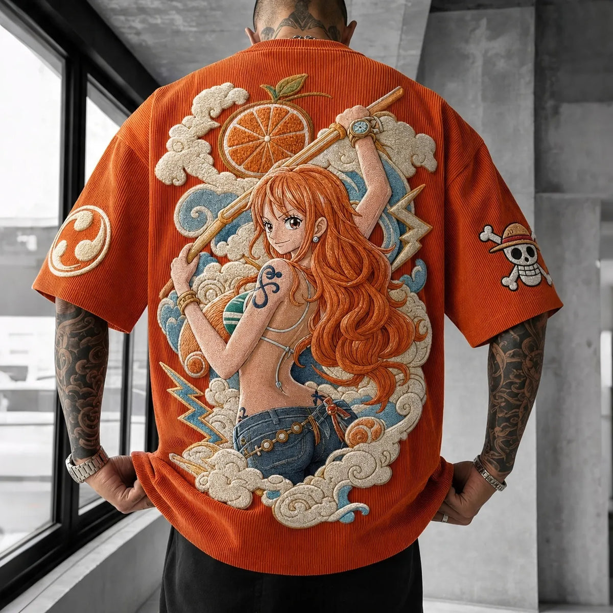 One Piece Unisex Anime-Style Retro Corduroy Oversized T-Shirt