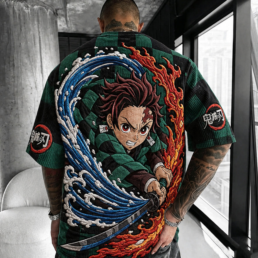 KNY Unisex Oversized Anime-Print Vertical-Stripe Short-Sleeve T-Shirt