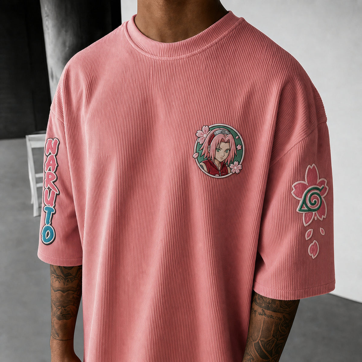 NINDO Unisex Anime-Style Retro Corduroy Oversized T-Shirt