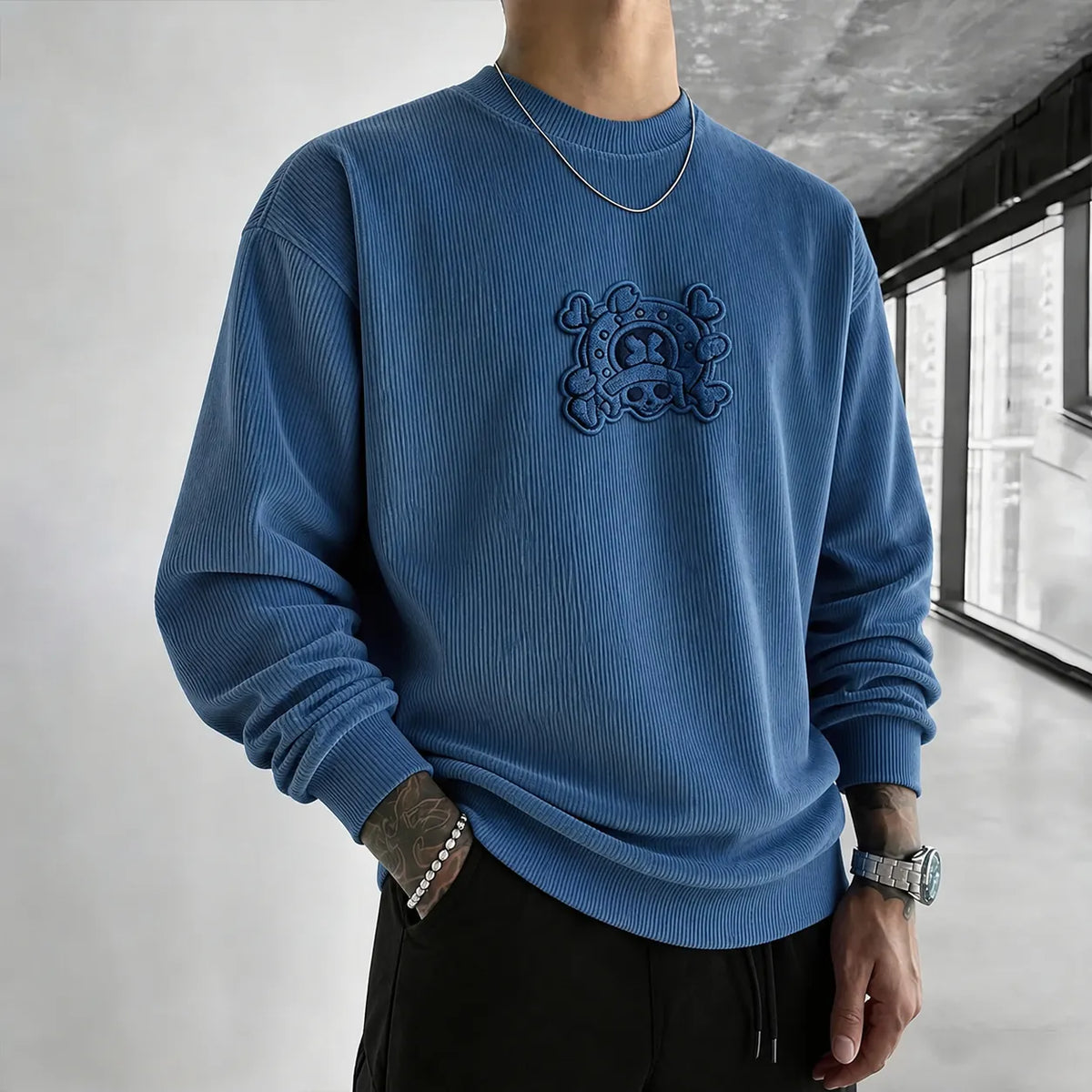 One Piece Unisex Retro Corduroy Sweatshirt In Anime Style