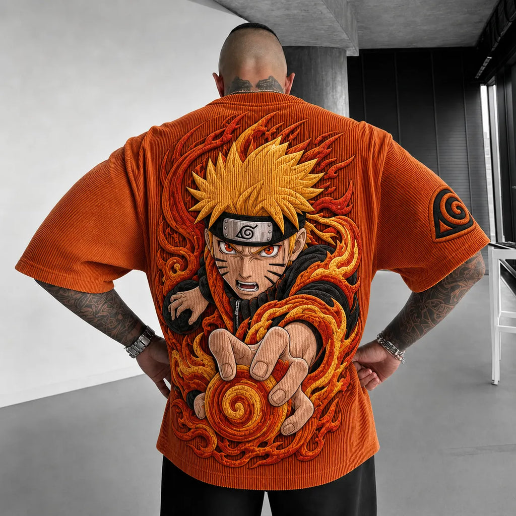 NINDO Unisex Anime-Style Retro Corduroy Oversized T-Shirt