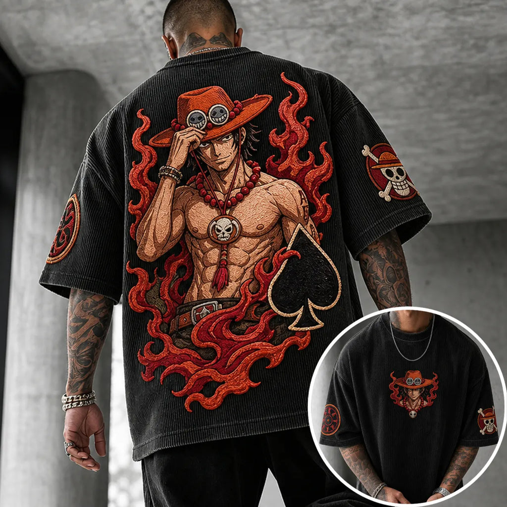 One Piece Unisex Anime-Style Retro Corduroy Oversized T-Shirt