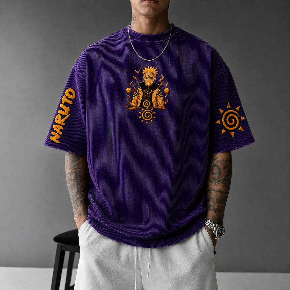 NINDO Unisex Anime-Style Retro Corduroy Oversized T-Shirt